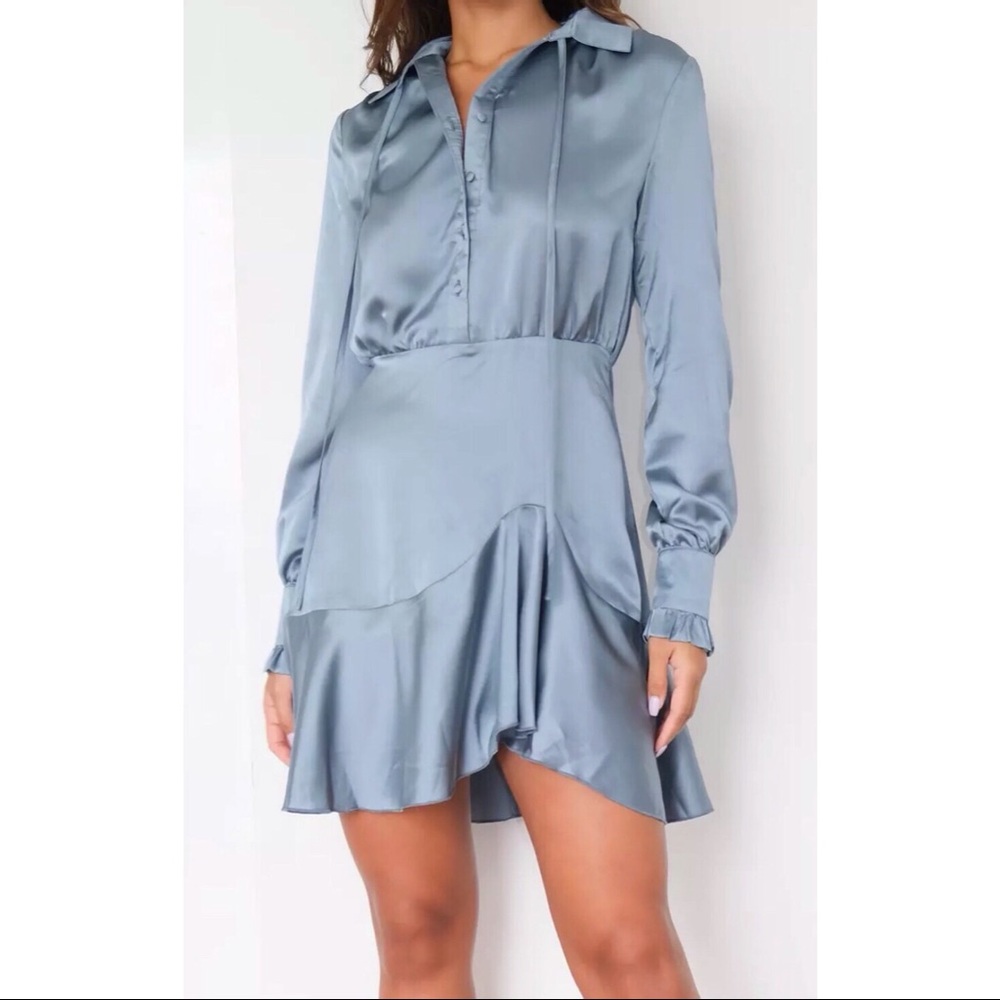 Blue Satin Asymmetric Shirt Dress